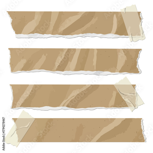 Four torn strips of brown kraft paper with a white edge, taped to a