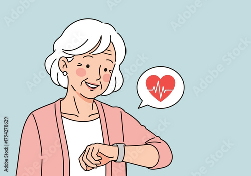 Elderly woman looking at her smartwatch displaying a heart rate monitor icon