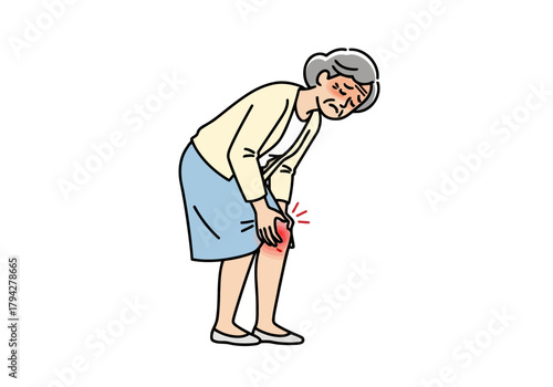 Elderly woman clutching her knee in pain, showing discomfort and suffering from joint ache