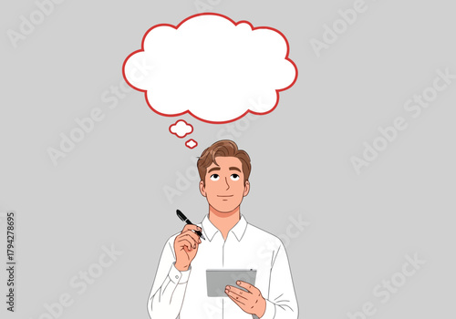 A man in a white shirt holds a tablet and a pen, with a thought bubble above his head, suggesting an idea or contemplation