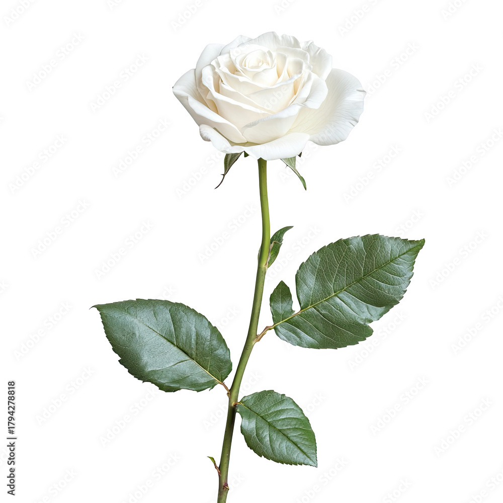 Fototapeta premium Elegant white rose bloom with lush green stem and leaves, symbolizing purity and new beginnings, perfect for romantic occasions and sophisticated designs.
