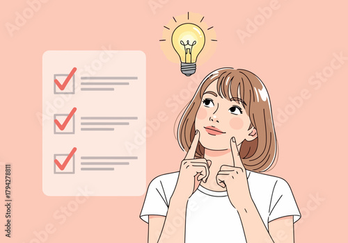 A thoughtful woman ponders a checklist with completed tasks, a bright idea bulb illuminating her head, symbolizing problemsolving and successful planning