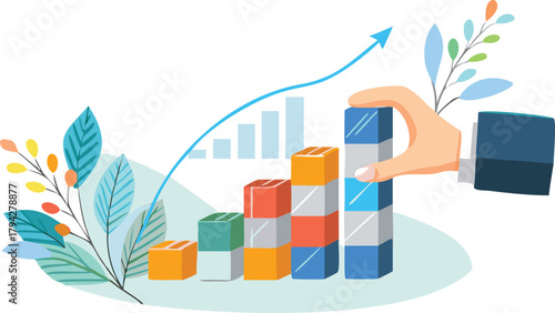 Business hand stacking colorful blocks to form a bar chart symbolizing growth strategy and financial success in a modern corporate setting
