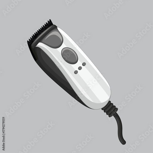 Electric hair clipper in a clean vector style with a white and gray color scheme perfect for illustrating grooming tools and barber equipment in digital designs and instructional materials