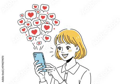 Young woman happily looking at her smartphone receiving many likes and hearts in social media notifications