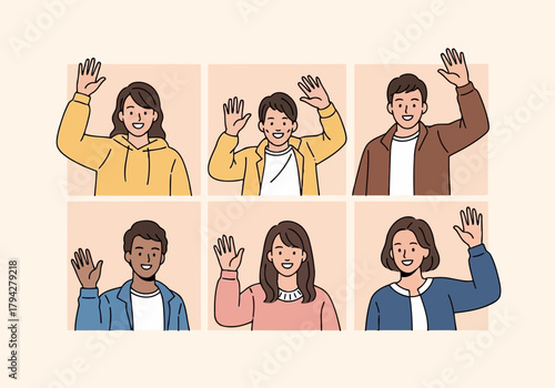 Group of diverse people waving hello, friendly greeting, communication, connection, community, diversity, inclusion, welcome, hello