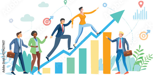 Dynamic business leader guiding diverse employees towards growth and success on an upward career path symbolizing teamwork and advancement