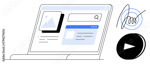 Laptop screen features search bar, image preview, web interface, play button, and digital signature. Ideal for technology, web design, online learning, media business creativity presentation