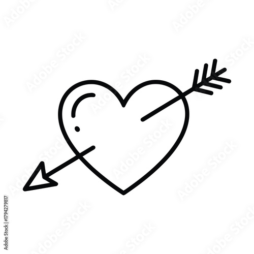 Heart with Cupid Arrow Outline Vector Icon. Love, Valentine's Day, and Romance Symbol. Line Art Graphic Element.