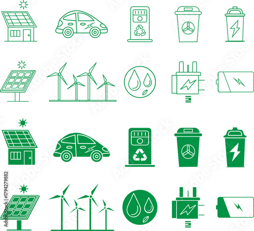 Green energy icon set. Ecology and environment line symbols. Sustainable technology, renewable resources, wind power, solar panel, recycling bin, eco house vector icons.
