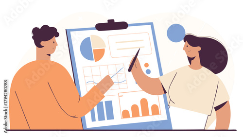 Diverse business professionals collaborating and analyzing financial data on a graph illustrating teamwork and strategic planning