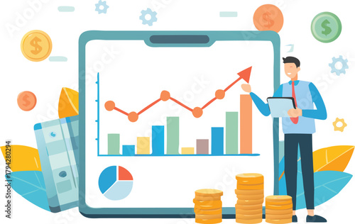 Professional businessman analyzing upward trending stock market charts on a digital screen illustrating financial growth and investment strategy