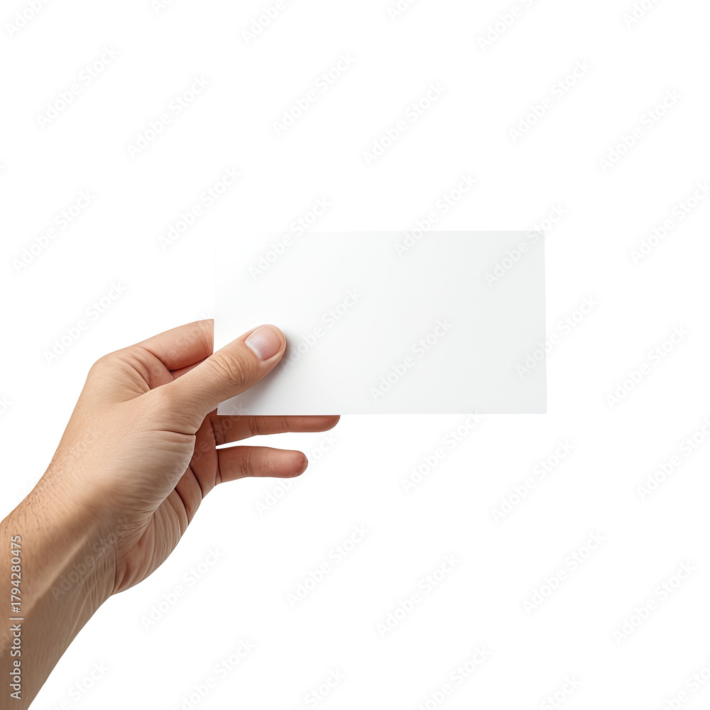 Obraz premium Hand holding a blank, white business card with a black background