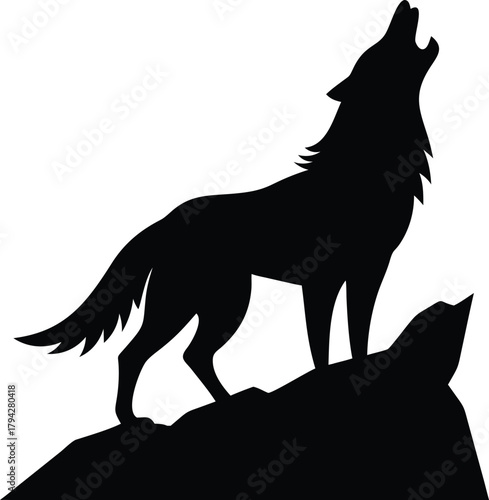 Silhouette of a howling wolf standing on a rock against a on transparent background