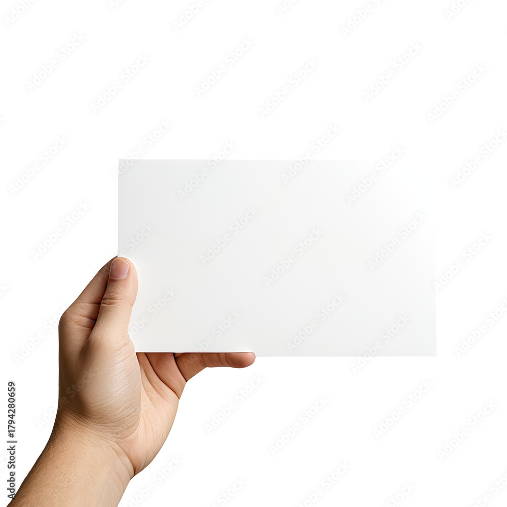 Obraz premium Hand holding a blank, horizontal white card against black backdrop