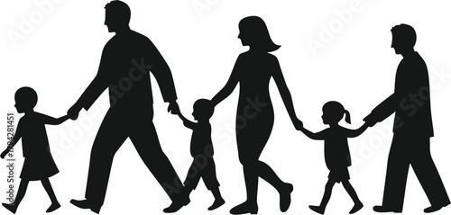 Silhouette of a family walking together holding hands in unity and togetherness on transparent background