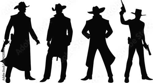 Silhouetted cowboys standing in various poses with guns on transparent background