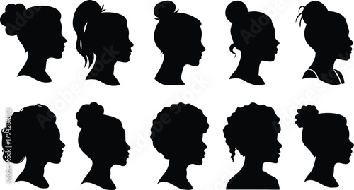 Silhouettes of diverse women's profiles with various hairstyles in black and white on transparent background