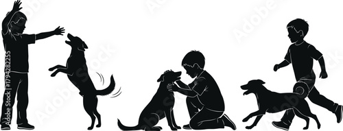 Children and dogs silhouette, playful pet interaction, black and white bonding art, outdoor activity scene, emotional connection, joyful companionship moment