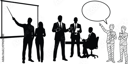 Business meeting silhouette, team presentation vector, cartoon character interaction, corporate training concept, speech bubble art, professional collaboration scene