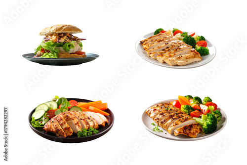 Delicious grilled chicken breast served with fresh salad and vegetables on plates showcasing healthy eating options and culinary presentation for restaurant menus and food photography projects on tran