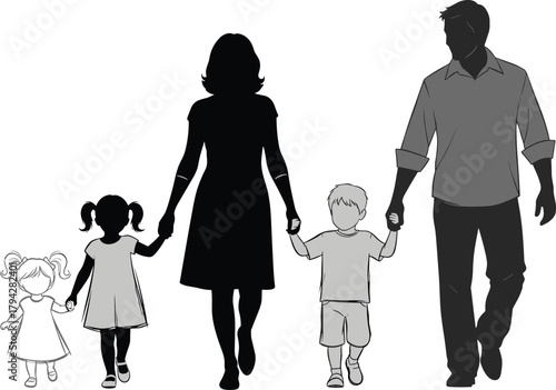 Family silhouette walking together, parents with children holding hands, unity and support, multigenerational bonds, outdoor stroll, togetherness, happy, connected, protective