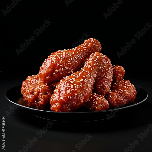 Crispy dakgangjeong 닭강정 (sweet and spicy fried chicken) with glossy red glaze and sesame seeds, on a black plate against a black background. emphasizes the crunchy texture and bold sauce, with dramati