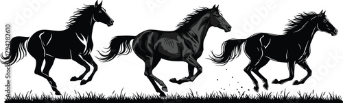 Running horse silhouette, black galloping horses, dynamic motion art, wild animal vector, grassy field scene, powerful equine illustration, nature symbol
