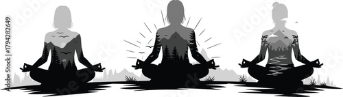 Meditation silhouette double exposure, nature mindfulness vector, yoga pose, forest landscape, mountain river, birds flying, inner peace, spiritual energy rays
