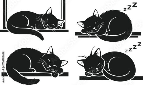 Sleeping cat silhouette vector, curled feline on ledge, peaceful pet pose, black animal clipart, cozy nap illustration, minimalist style