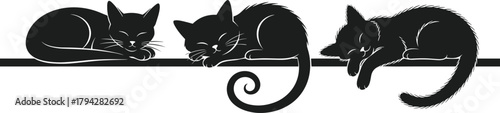 Sleeping cats silhouette, minimalist feline art, black and white illustration, peaceful pet decor, curled tail pose, shelf nap scene