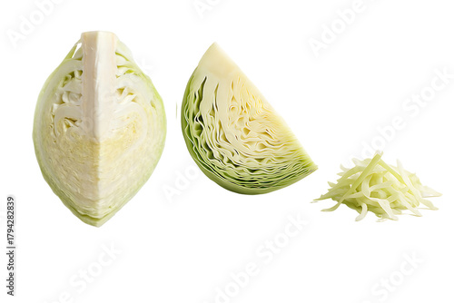 Fresh green cabbage cut into different portions including half a head a wedge and shredded pieces displayed against a stark perfect for culinary or nutritional content creation on transparent backgrou