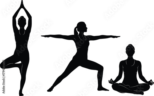 Yoga pose silhouette, tree warrior meditation, fitness vector art, spiritual balance design, calm body posture, wellness lifestyle illustration