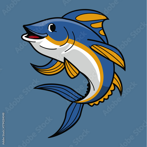 Playful Underwater Realm: A vibrant, animated fish, its streamlined form slicing through aquatic space. This captivating illustration radiates a cheerful, cartoonish charm.