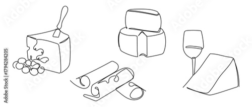 A continuous line of cheese, cheese blocks, cheese slices, cheese and wine glasses. Vector illustration. Simple line illustration. Editable stroke.