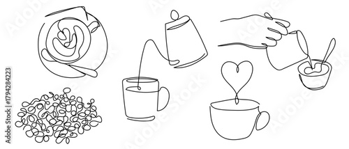 Coffee set, coffee cup, coffee beans, coffee brewing, latte art, one continuous line Vector illustration. Simple line illustration. Editable stroke.