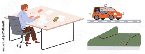 Man writing on desk surrounded by documents autonomous vehicle on street showing mobility tech green park with paths. Ideal for technology, innovation, urban planning, productivity, research, future
