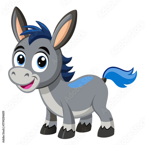 Cartoon donkey with blue mane and tail standing up on transparent background