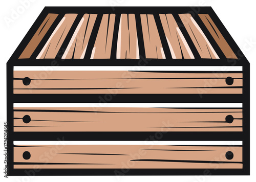 Brown Wooden Box with Hinged Lid and Wooden Planks Vector Illustration
