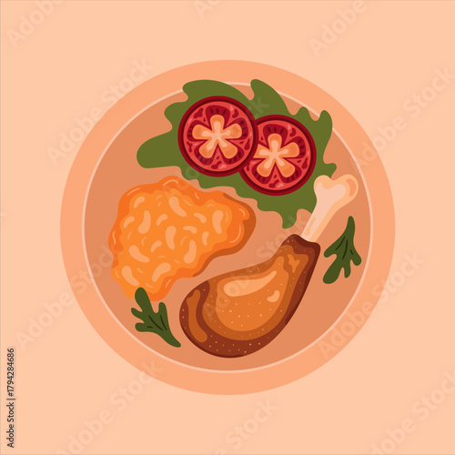 Feast on a Plate: A mouthwatering arrangement features a perfectly cooked chicken leg, complemented by a serving of baked beans, fresh greens, and sliced tomato.