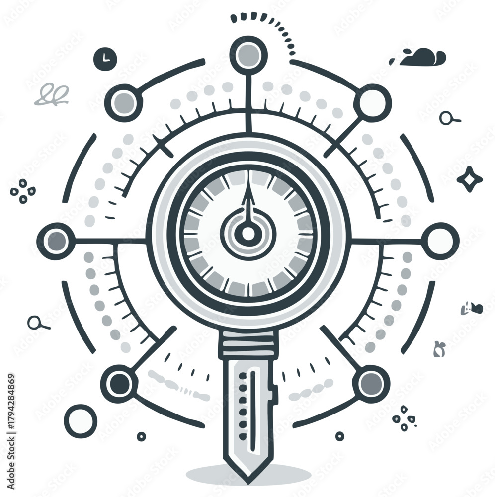 Fototapeta premium Conceptual hand-drawn diagram of a compass like device with connecting points and measurements