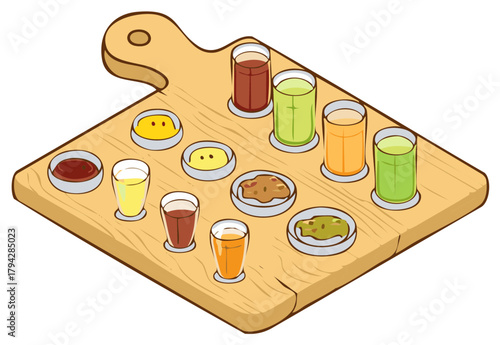 Appetizer tasting platter with a variety of colorful drink shots and dipping sauces on a wooden board illustration