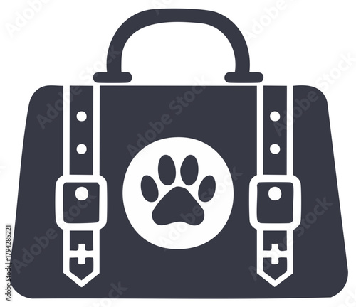 Stylized pet travel bag with animal paw print emblem and secure buckle straps for transporting pets