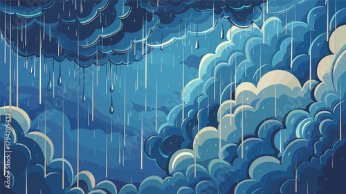 Blue cloudy sky with falling rain – vector weather illustration