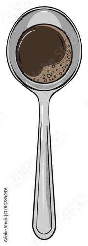 A spoonful of instant coffee granules or sugar in a silver spoon top view vector illustration