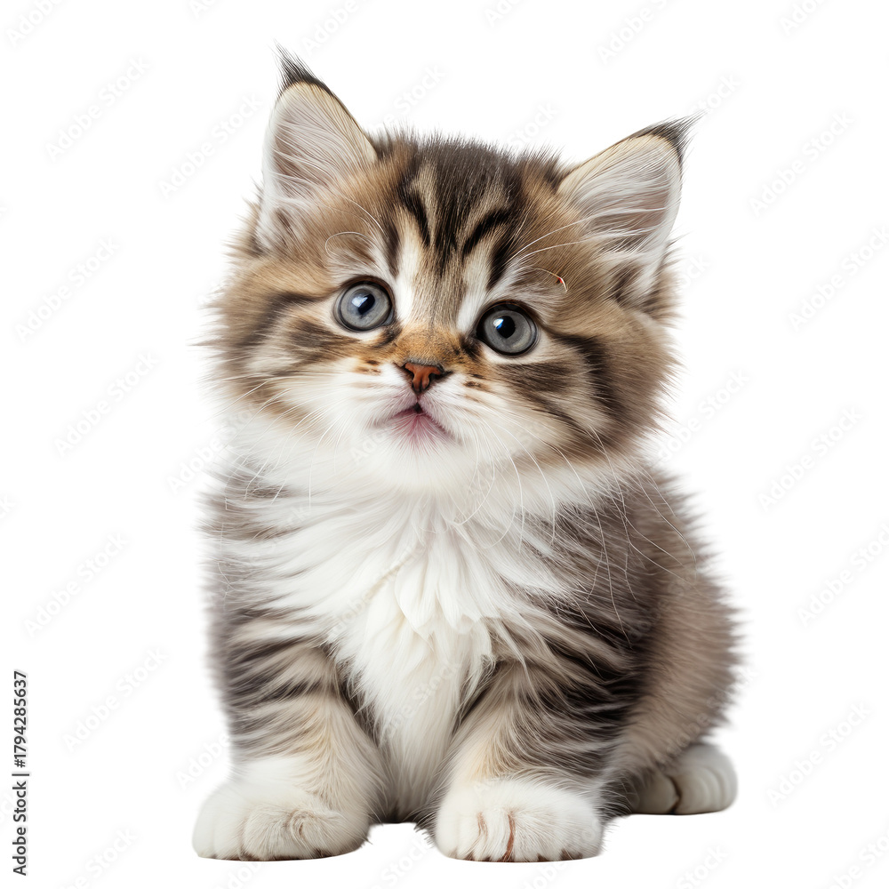 Obraz premium Adorable kitten sits, looking up with big blue eyes on a black background