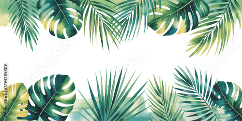 Tropical watercolor background with palm leaves and vibrant jungle colors