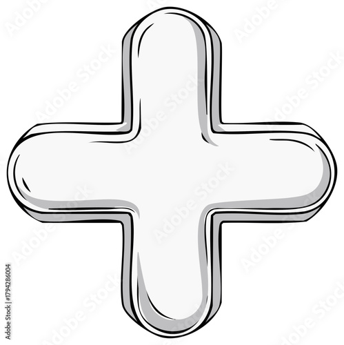 Hand drawn illustration of a white 3D plus sign or cross symbol in a cartoon sketch style