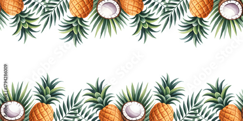 Tropical watercolor border with pineapples, coconuts, and palm fronds
