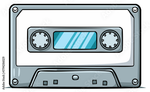 Retro audio cassette tape cartoon illustration with analog music spools